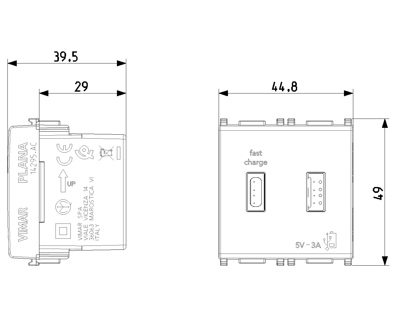Vimar 14295.AC Plana Presa USB Bianco - 1 Uscita USB Tipo A e 1 Uscita USB Tipo C, 5V 3A, Fast Charge
