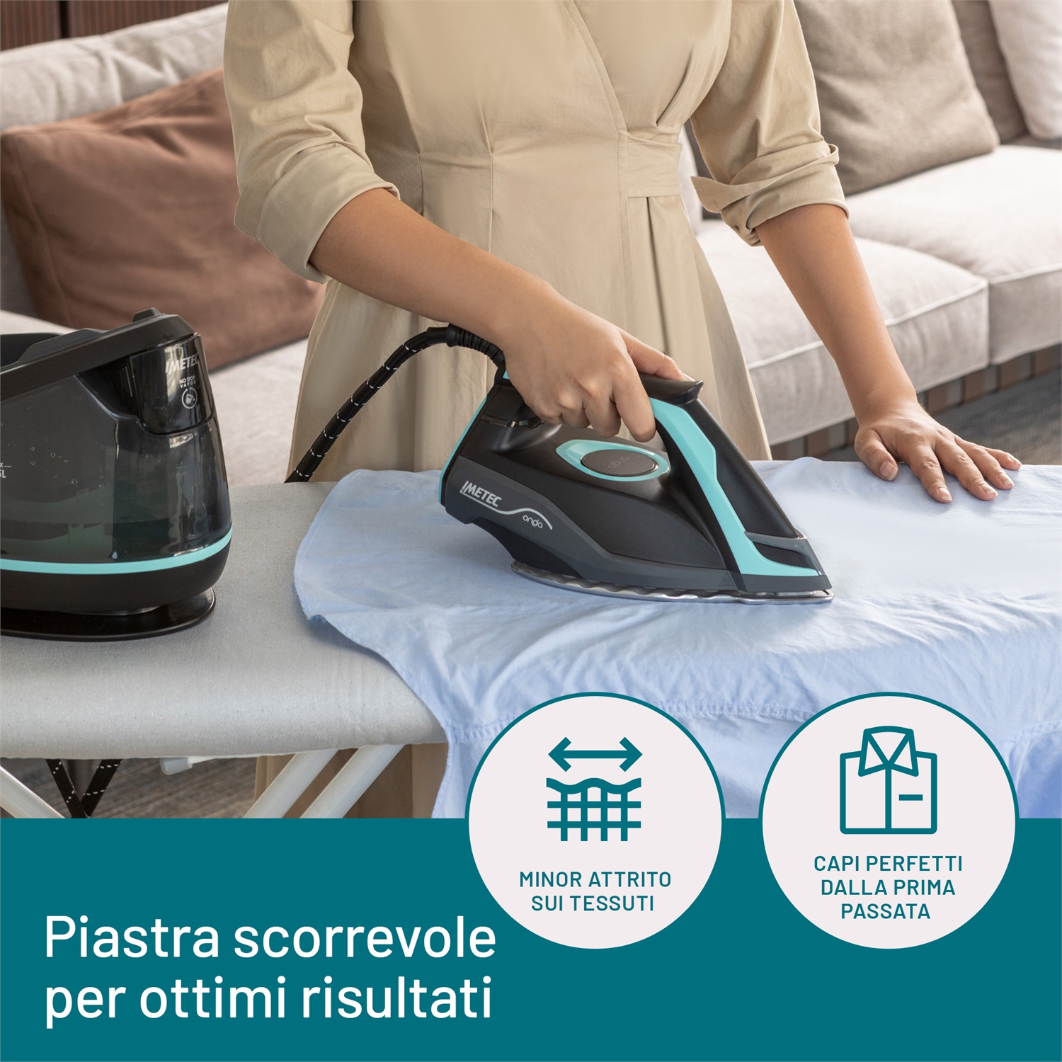 Imetec Onda P1 Ferro da Stiro Generatore di Vapore 2400W, Piastra a Onde Scorrevole Brevettata, Colpo Vapore 300 g/min, Serbatoio 2,5L, 3 Filtri con Ioni di Argento, Tecnologia No Stop Vapor