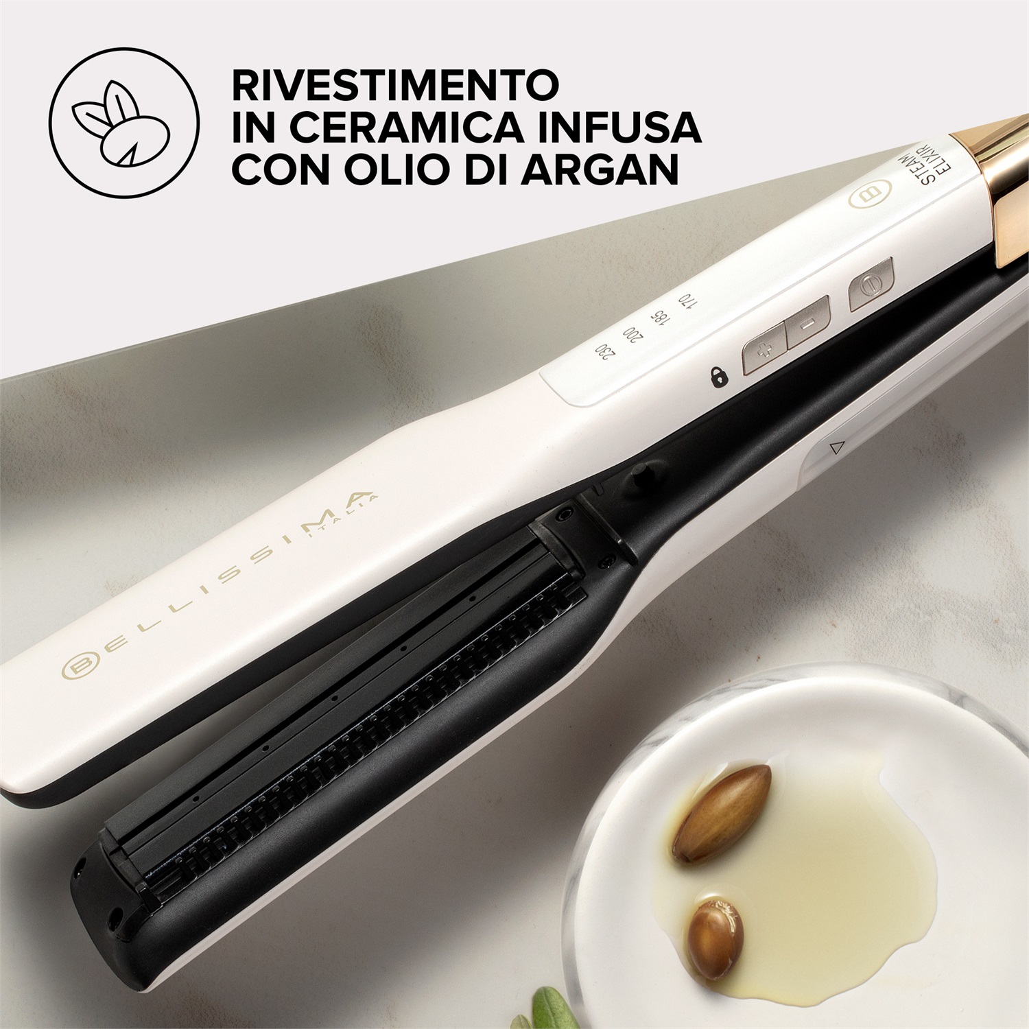 Imetec Bellissima Steam Elixir 11808 - Piastra a Vapore Professionale con Rivestimento in Ceramica e Olio di Argan, 235 W, 4 Temperature, Capelli Lisci in Una Sola Passata Senza Danni