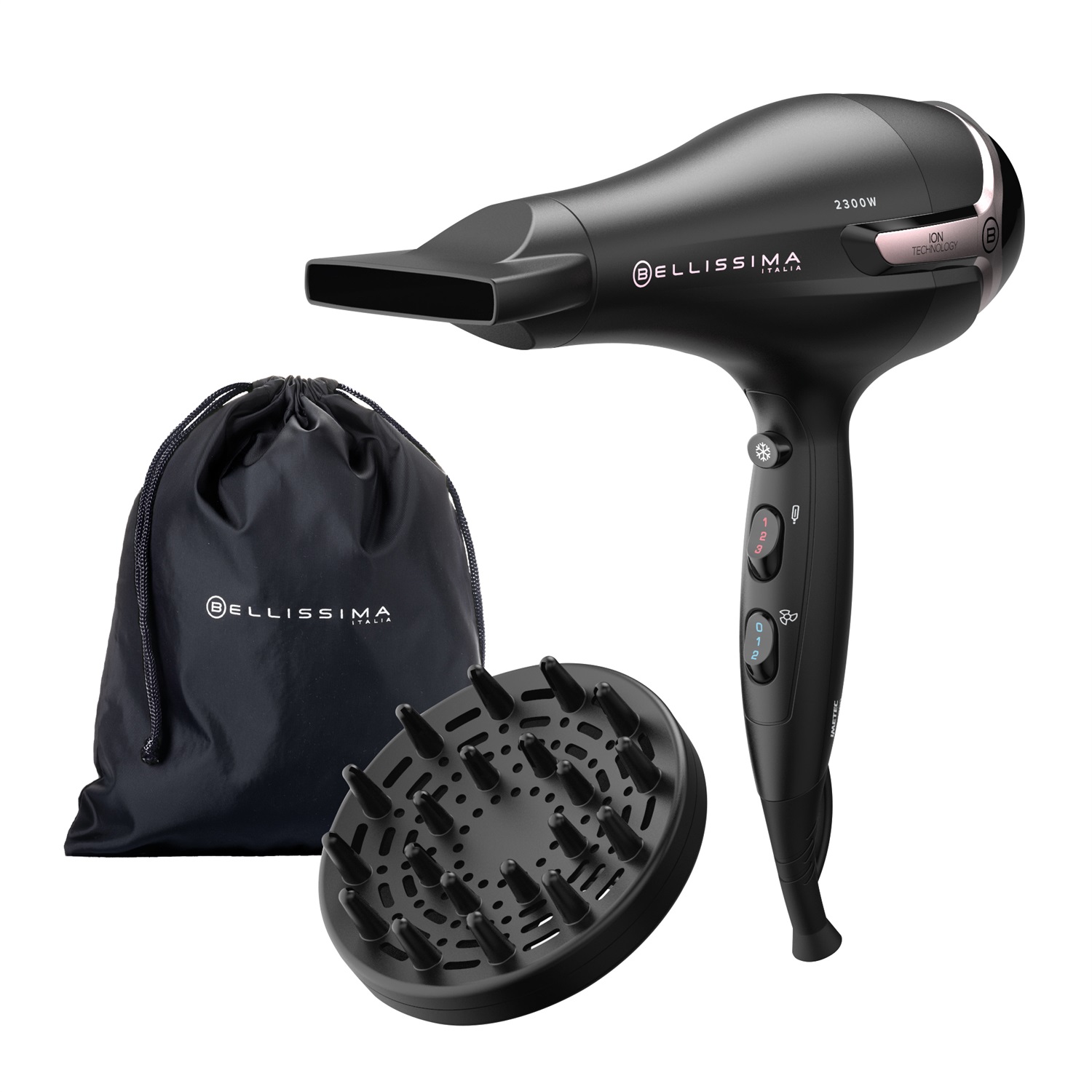 Bellissima Imetec K9 2500 Asciugacapelli 2300 W con Tecnologia a Ioni, Diffusore per Capelli Ricci, Nero/Rosa