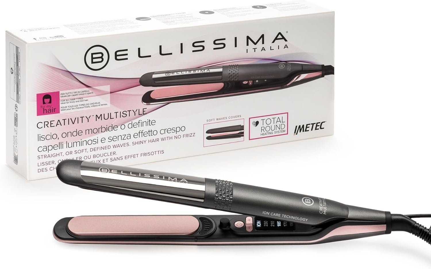 Imetec Bellissima Creativity Multistyle - Piastra per Capelli in Ceramica con Diamante e Cheratina, 5 Temperature Regolabili fino a 230°C, Superficie Esterna Riscaldata, Tecnologia a Ioni