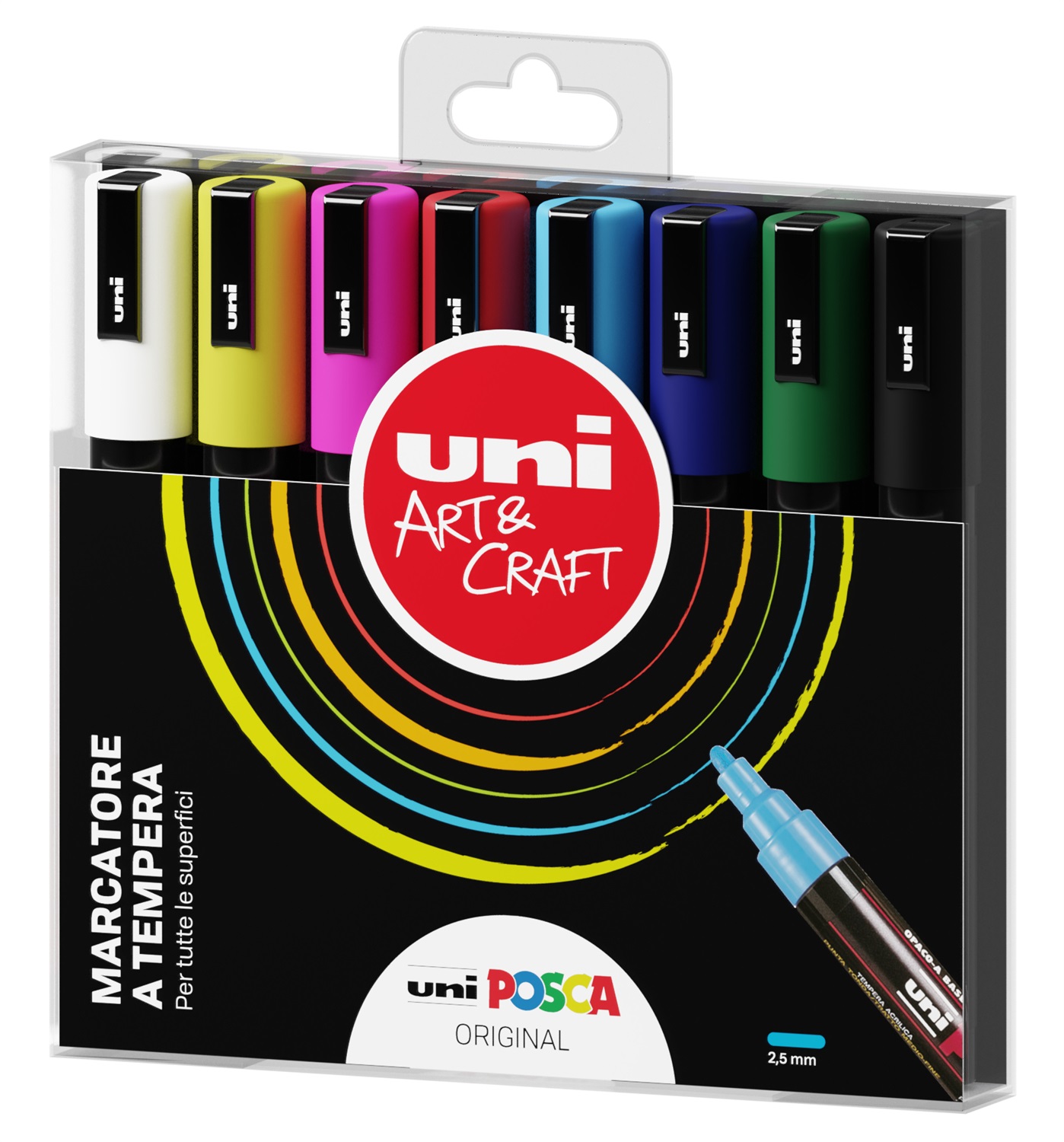 Uni Posca Marcatore a Tempera Punta Tonda 1,8-2,5 mm - Confezione da 8 Pezzi, Inchiostro Pigmentato a Base d'Acqua, Resistente alla Luce e all'Acqua