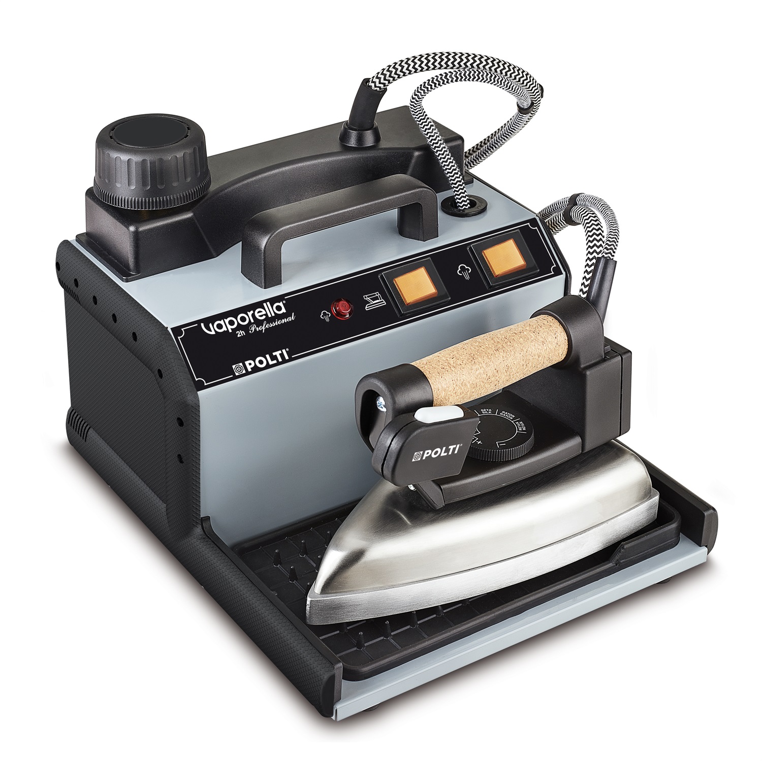 Polti Vaporella 2H Professional Ferro da Stiro a Vapore con Caldaia 1750 W, 1,3 L, Piastra in Alluminio, Pressione 3 bar, Emissione Vapore 80 g/min, Colore Nero e Grigio