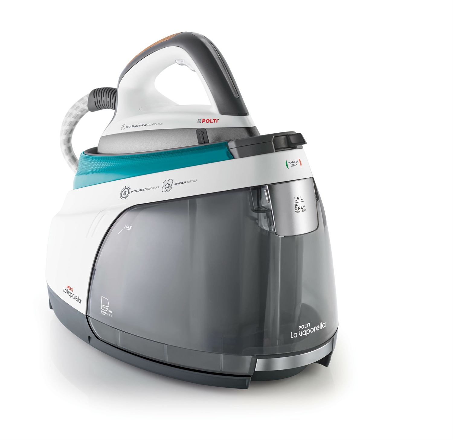 Polti La Vaporella XT100C - Ferro da Stiro a Vapore con Caldaia, 2400 W, Pressione 15 bar, Capacità 1,5 L, Steam Pulse 500 g/min, Riscaldamento Rapido 2 Minuti, Alluminio Grigio, Turchese, Bianco