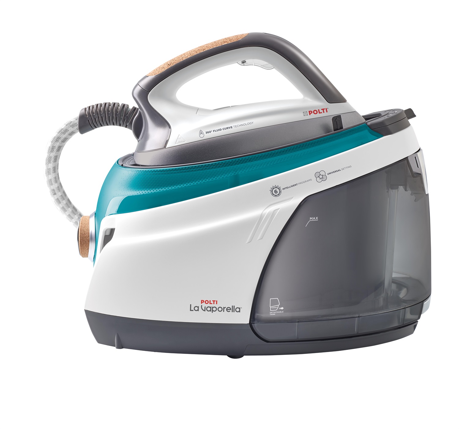 Polti La Vaporella XT100C - Ferro da Stiro a Vapore con Caldaia, 2400 W, Pressione 15 bar, Capacità 1,5 L, Steam Pulse 500 g/min, Riscaldamento Rapido 2 Minuti, Alluminio Grigio, Turchese, Bianco
