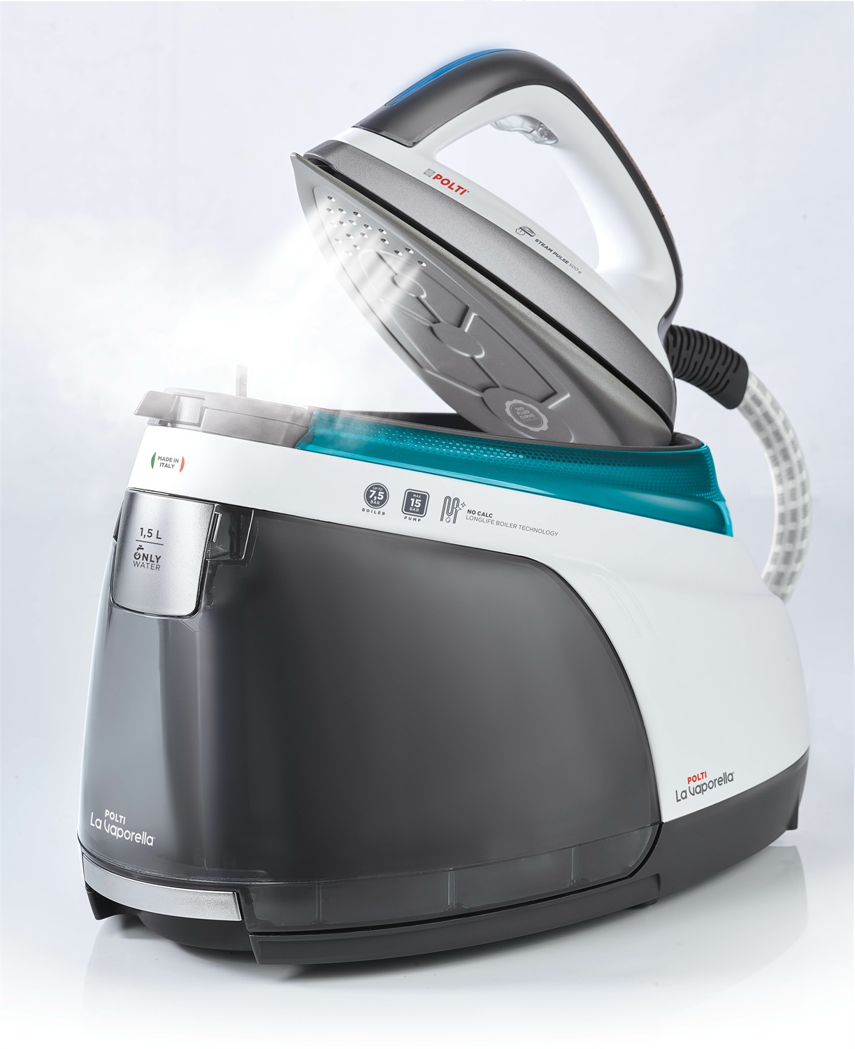 Polti La Vaporella XT100C - Ferro da Stiro a Vapore con Caldaia, 2400 W, Pressione 15 bar, Capacità 1,5 L, Steam Pulse 500 g/min, Riscaldamento Rapido 2 Minuti, Alluminio Grigio, Turchese, Bianco