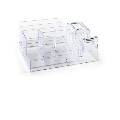 Lebez Portaoggetti da Scrivania 1737-T in ABS Trasparente con Dispenser per Nastro Adesivo, 3 Scomparti Portacarte e 6 Scomparti Portapenne, Dimensioni 20x12x9 cm