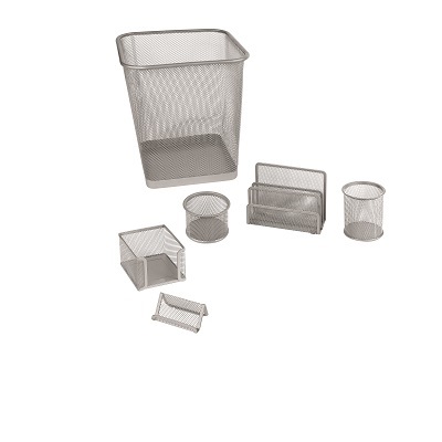 Lebez 1426-S Set da Scrivania in Rete Metallica Argento - 6 Accessori: Cestino, Bicchiere, Portabiglietti, Portaspilli, Sparticarte, Cubo Portamemo