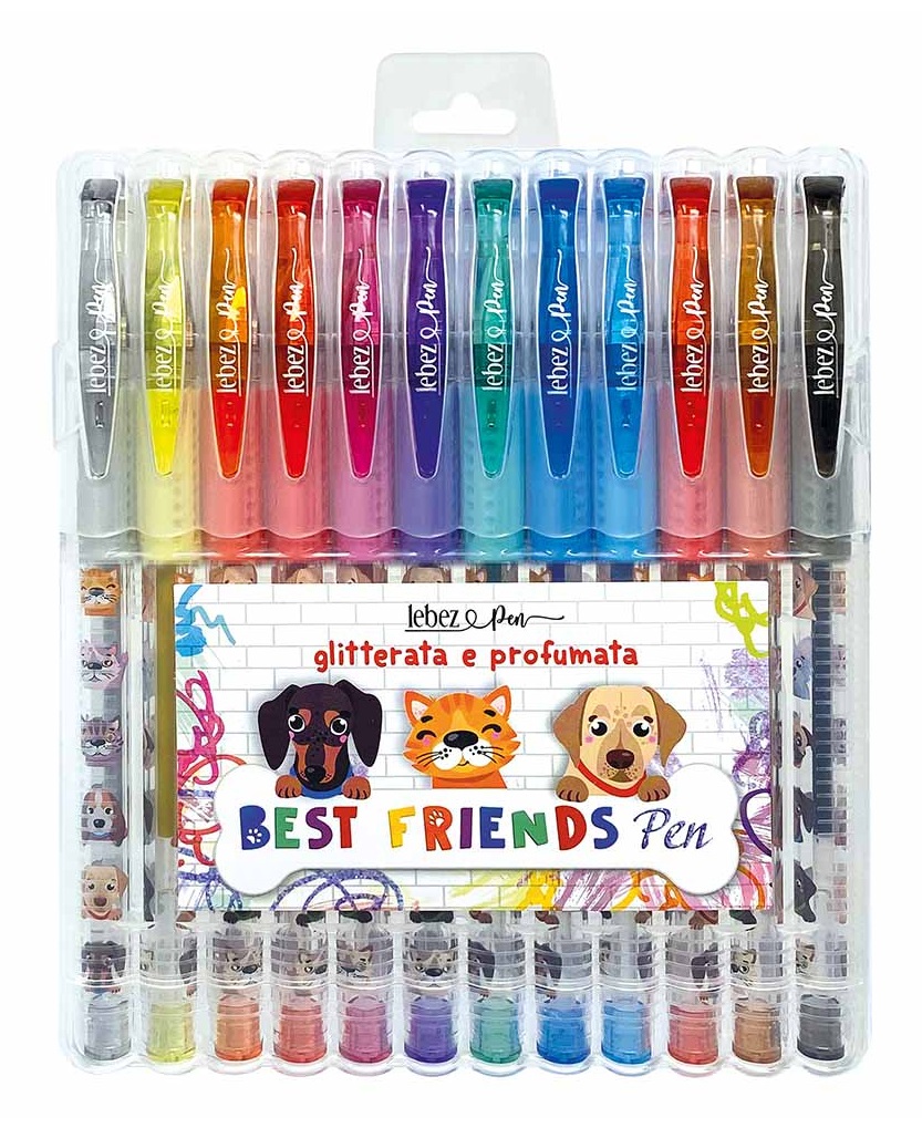 Lebez Penna Gel Glitter Animals con Inchiostro Profumato e Impugnatura Soft Grip - Set da 12 Colori Assortiti