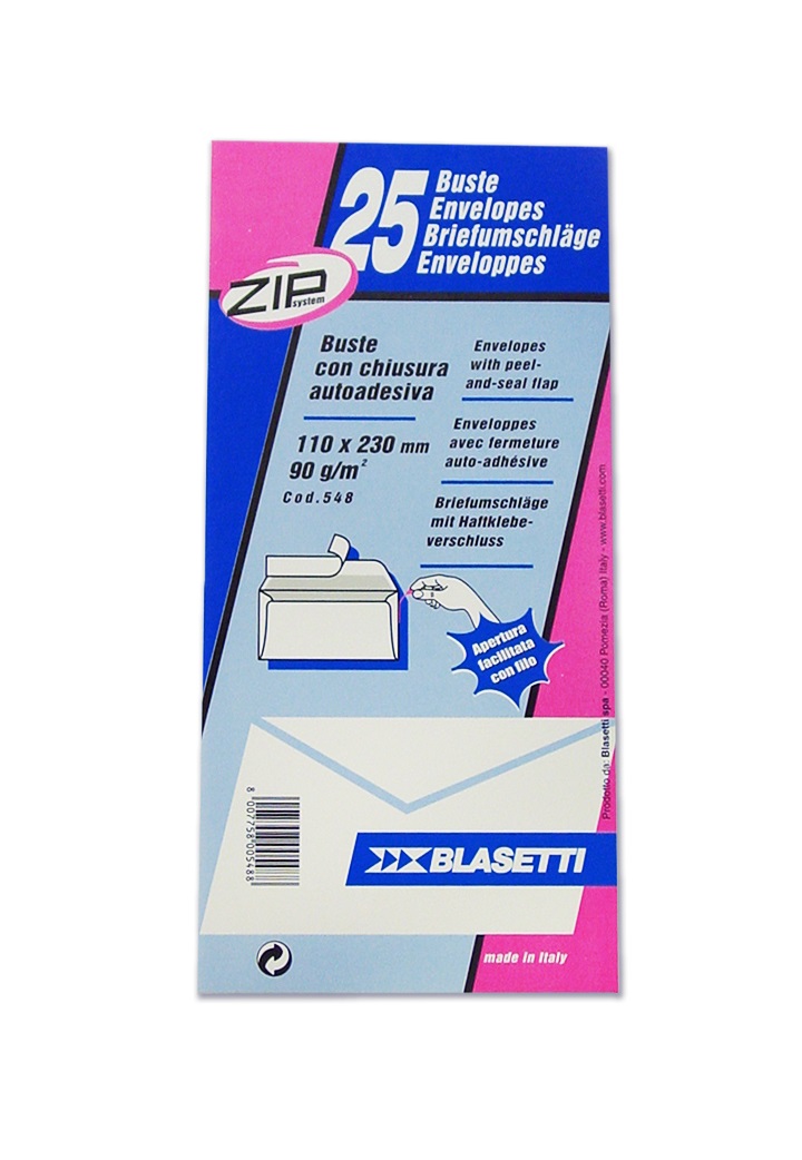 Blasetti Buste Strip Bianche 11x23 cm, 90 g/m², Confezione da 25 Pezzi con Apertura Zip