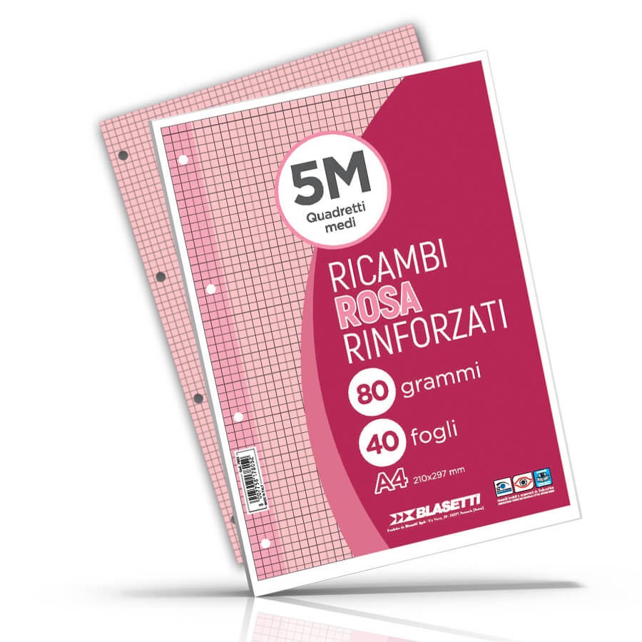 Blasetti Ricambi A4 Colorati Rinforzati Rosa 80g - Confezione da 40 Fogli con Rigatura 5M