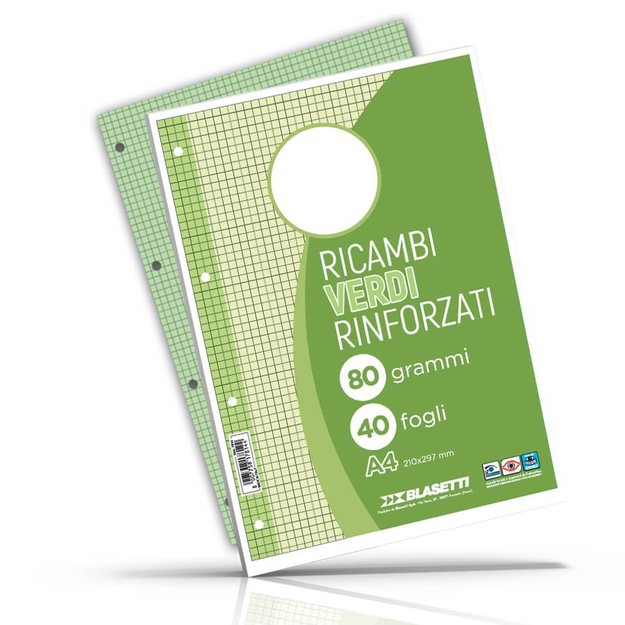 Blasetti Ricambi A4 Colorati Rinforzati Verde 80g - Confezione da 40 Fogli Rigatura 1R