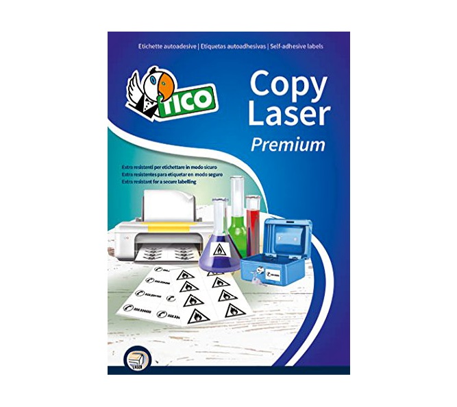 Tico LP4P-210148 Etichette adesive permanenti in poliestere bianco, 70 fogli A4, rettangolari 210x148mm, 2 etichette per foglio, per stampanti laser