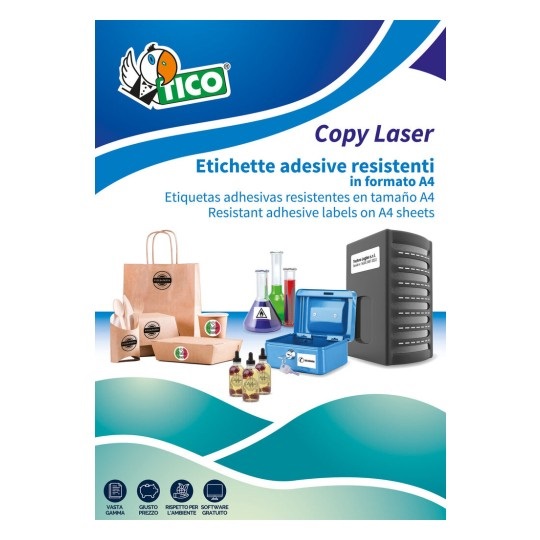 Tico Etichette Adesive LP4P - Poliestere Bianco 210x297 mm - 70 Fogli A4 - Adesivo Permanente per Stampanti Laser