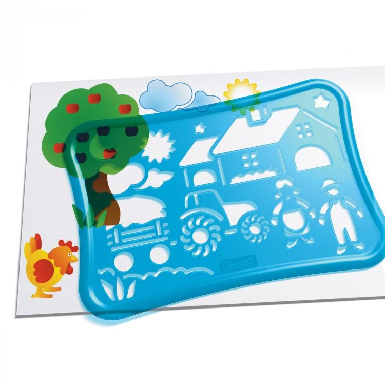 Quercetti Stencils Design Farm - Gioco Creativo per Bambini 3-8 Anni con 4 Sagome, 12 Pennarelli e Album da Colorare, Materiale Infrangibile, Made in Italy