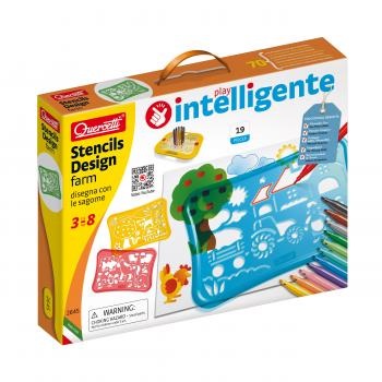 Quercetti Stencils Design Farm - Gioco Creativo per Bambini 3-8 Anni con 4 Sagome, 12 Pennarelli e Album da Colorare, Materiale Infrangibile, Made in Italy