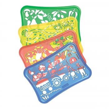 Quercetti Stencils Design Farm - Gioco Creativo per Bambini 3-8 Anni con 4 Sagome, 12 Pennarelli e Album da Colorare, Materiale Infrangibile, Made in Italy