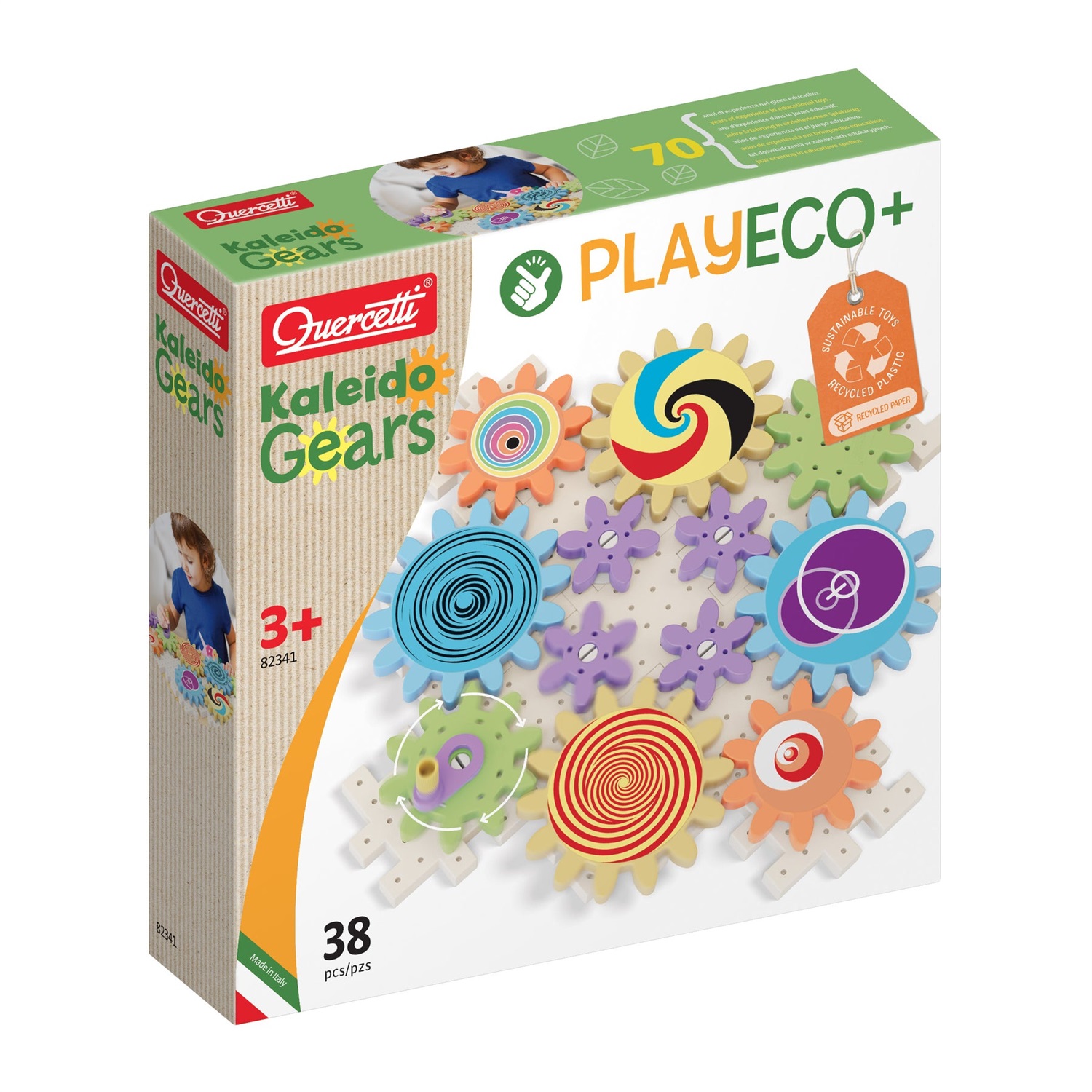 Quercetti Kaleido Gears Play Eco - Gioco di costruzioni con 38 pezzi e ingranaggi per reazioni a catena