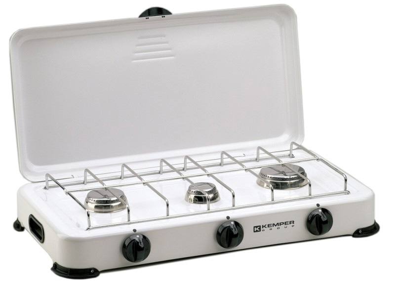 Kemper 104982 Piano Cottura Bianco Gas 3 Fornelli con Coperchio Smaltato