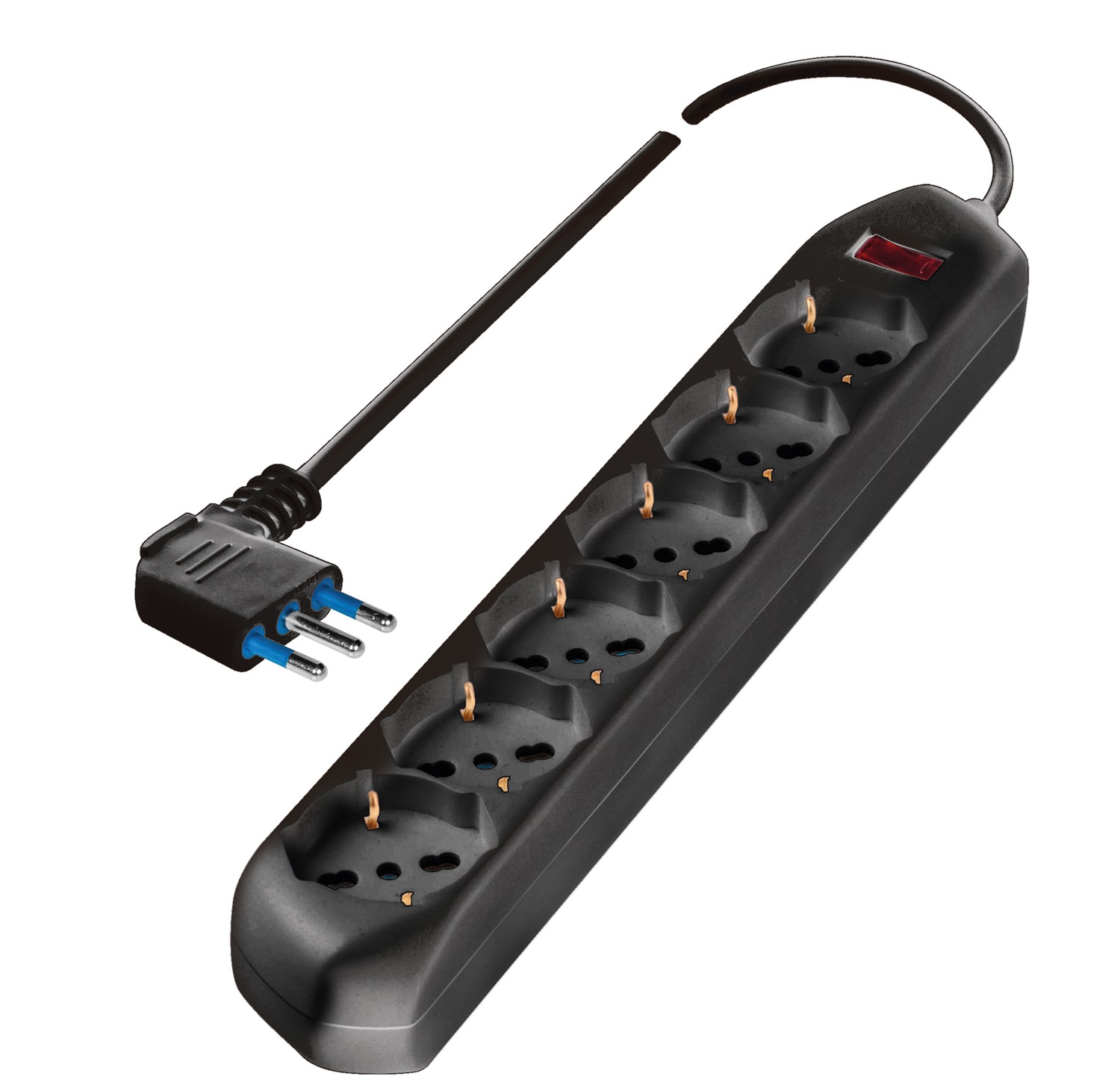 Poly Pool Presa Multipla Pluristandard 6 Prese 10/16A 2P T con Cavo da 1,5m e Spina Salvaspazio, Uscita Cavo a 90°, Interruttore di Sicurezza