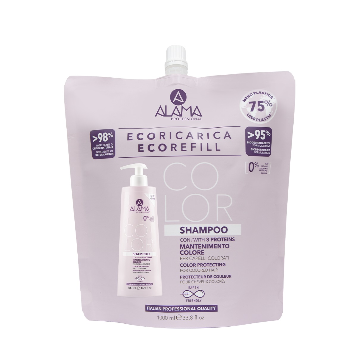 Alama Professional Eco Refill Color Shampoo Mantenimento Colore 1000ml - Cheratina, Collagene, Elastina, per Capelli Colorati e Trattati