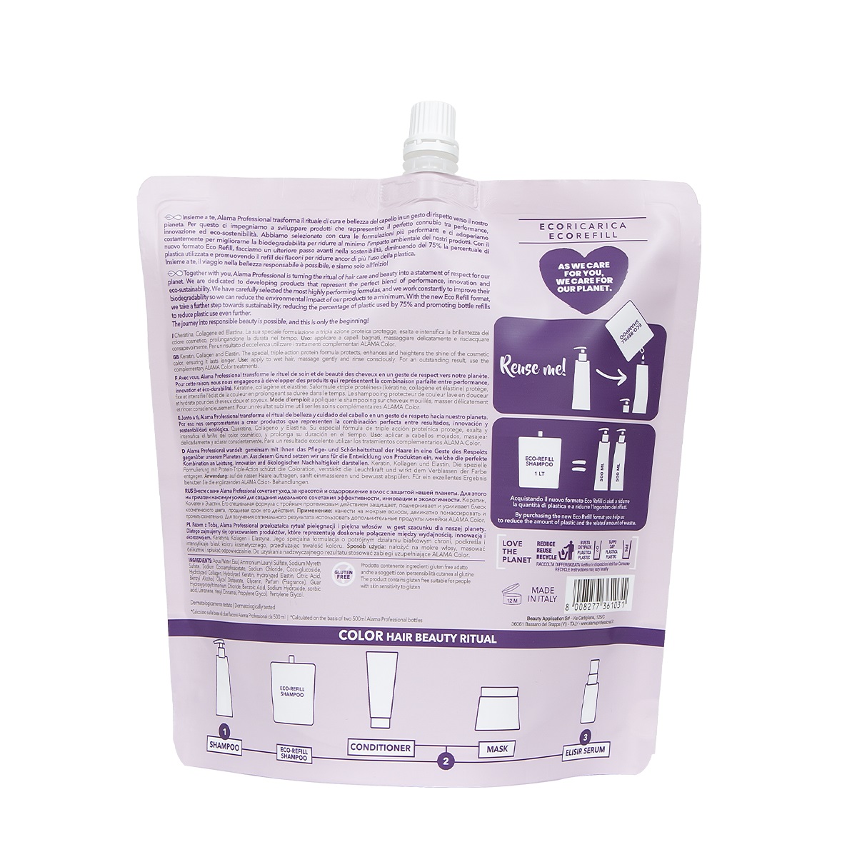 Alama Professional Eco Refill Color Shampoo Mantenimento Colore 1000ml - Cheratina, Collagene, Elastina, per Capelli Colorati e Trattati