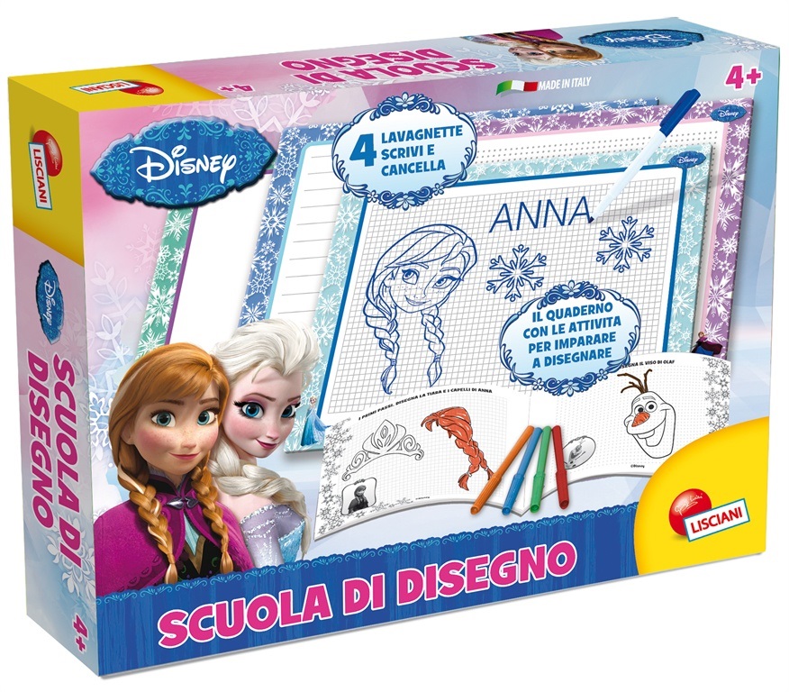 Lisciani Frozen Scuola di Disegno - Kit con 4 Lavagnette, Pennarello Disegna & Cancella e Quaderno Operativo per Bambini