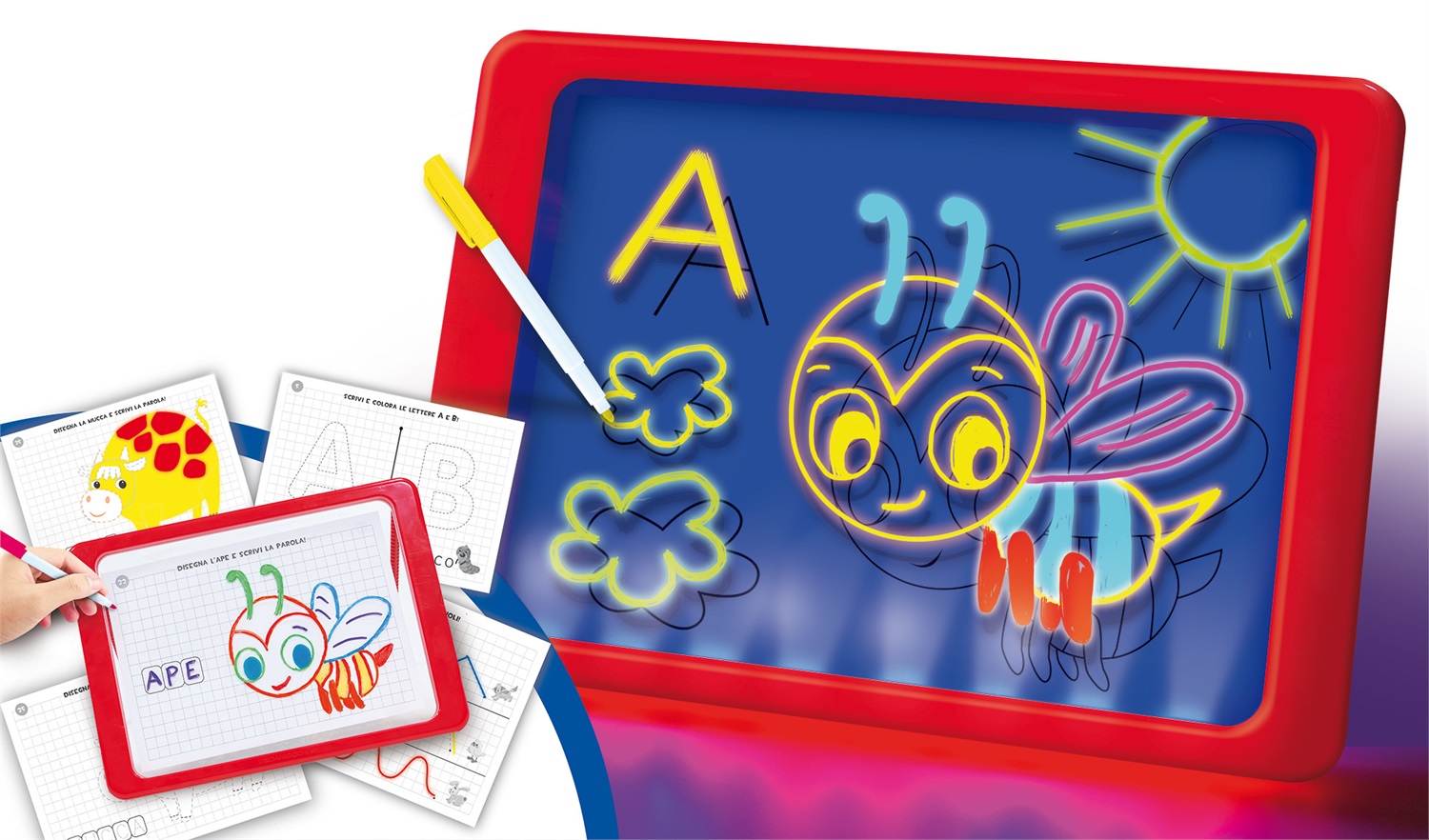 Lisciani Carotina Lavagna LED - Lavagna 46x22 cm con 8 LED, Pennarelli Fluo e Schede Didattiche per Bambini 3-6 Anni