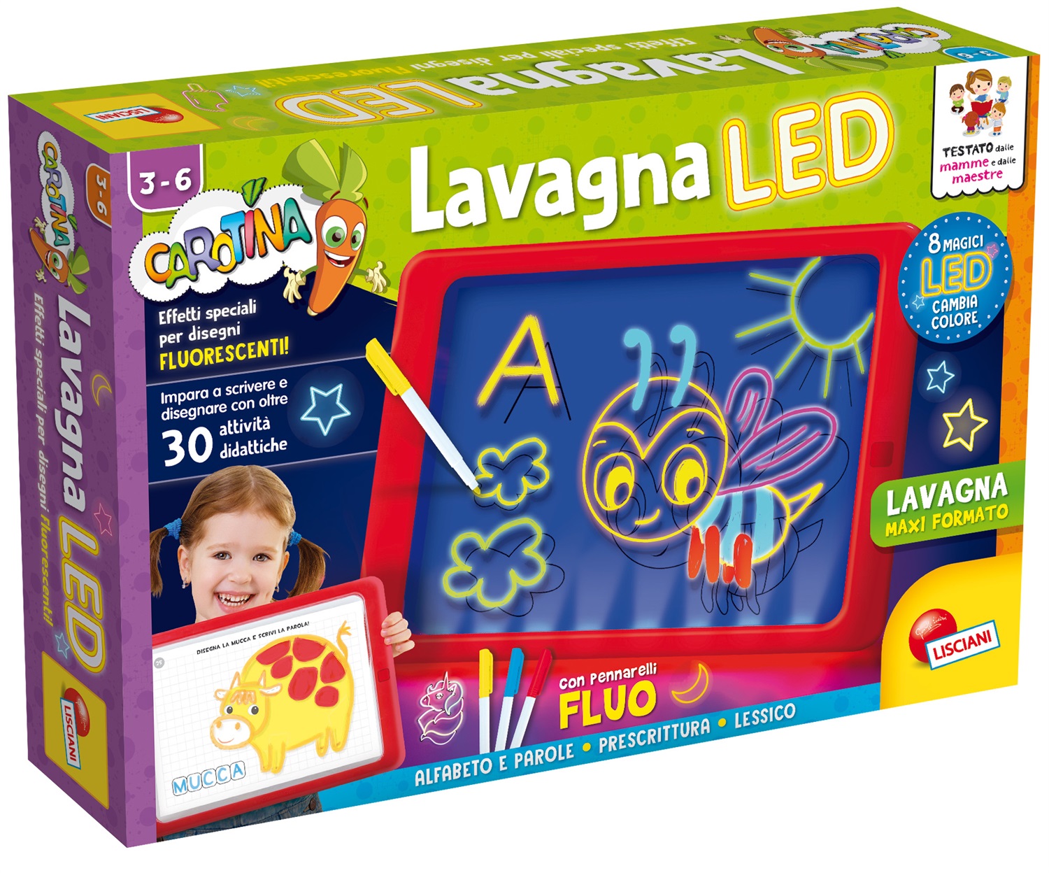 Lisciani Carotina Lavagna LED - Lavagna 46x22 cm con 8 LED, Pennarelli Fluo e Schede Didattiche per Bambini 3-6 Anni