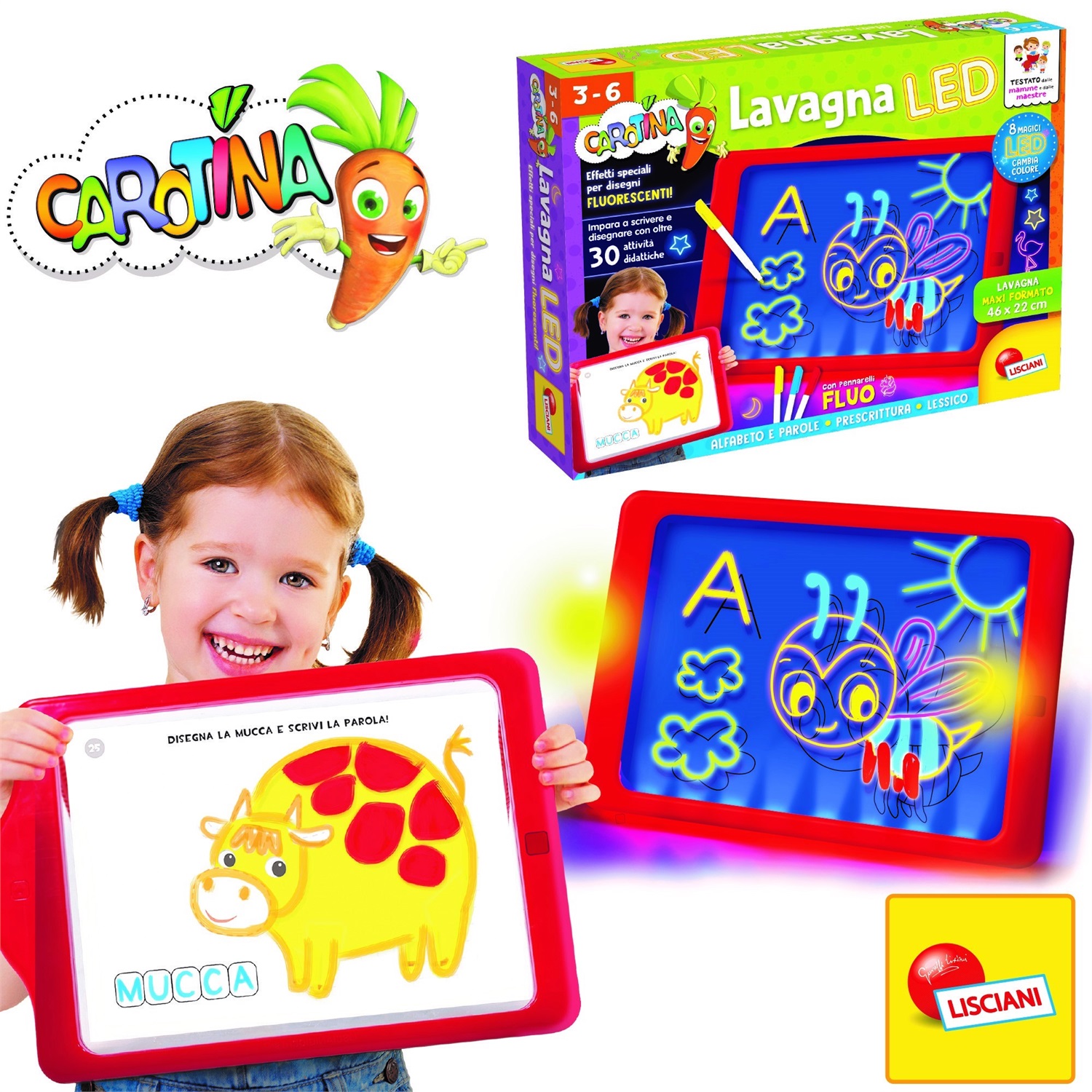 Lisciani Carotina Lavagna LED - Lavagna 46x22 cm con 8 LED, Pennarelli Fluo e Schede Didattiche per Bambini 3-6 Anni