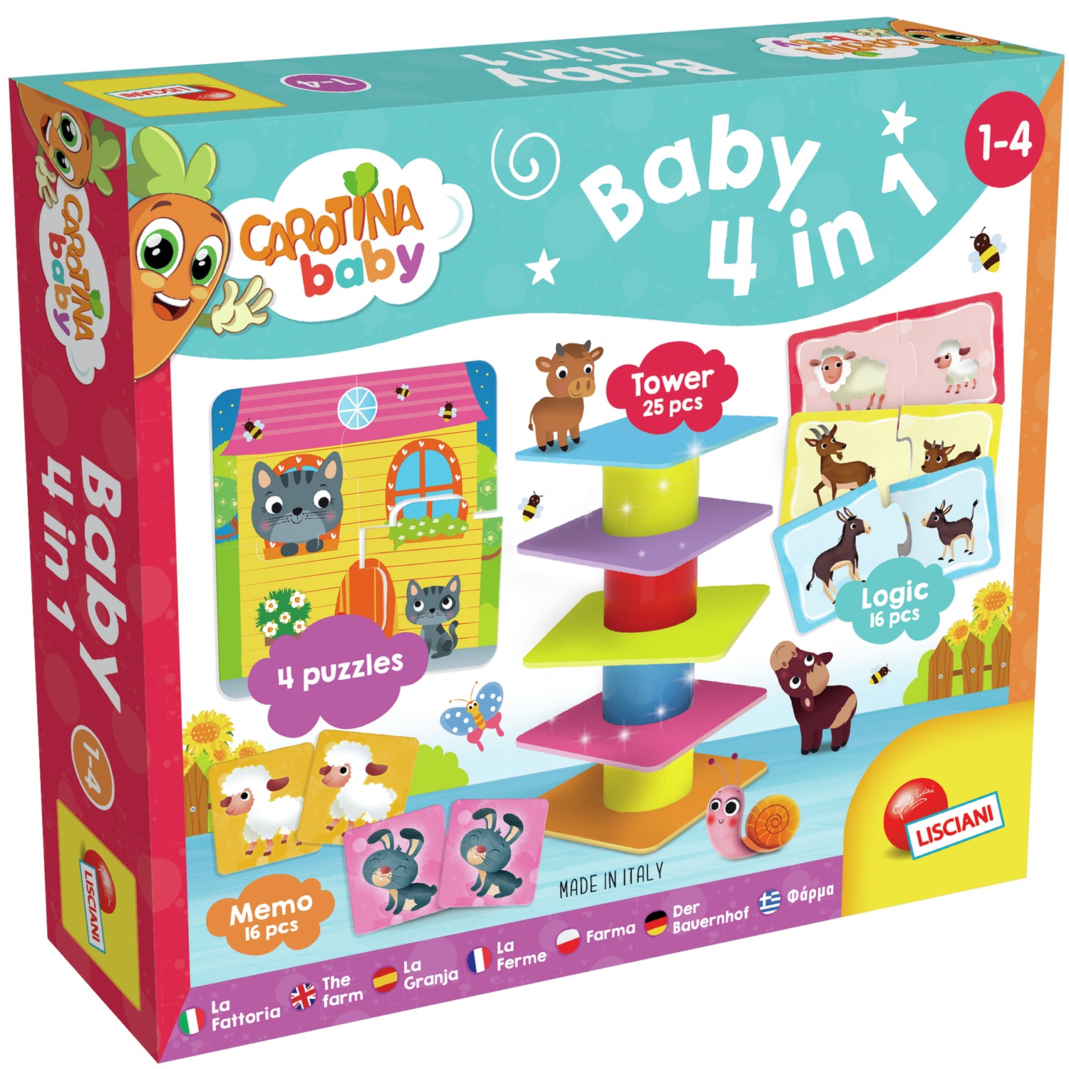 Lisciani Carotina Baby 4 in 1 - Gioco Educativo Multicolore per Bambini dai 12 Mesi, Include Puzzle, Memo, Torre e Logica
