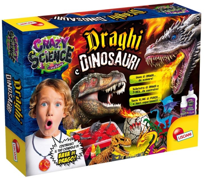 Lisciani Crazy Science Draghi e Dinosauri - Kit scientifico con slime di fuoco, uova di drago da scavare e draghi e dinosauri da costruire