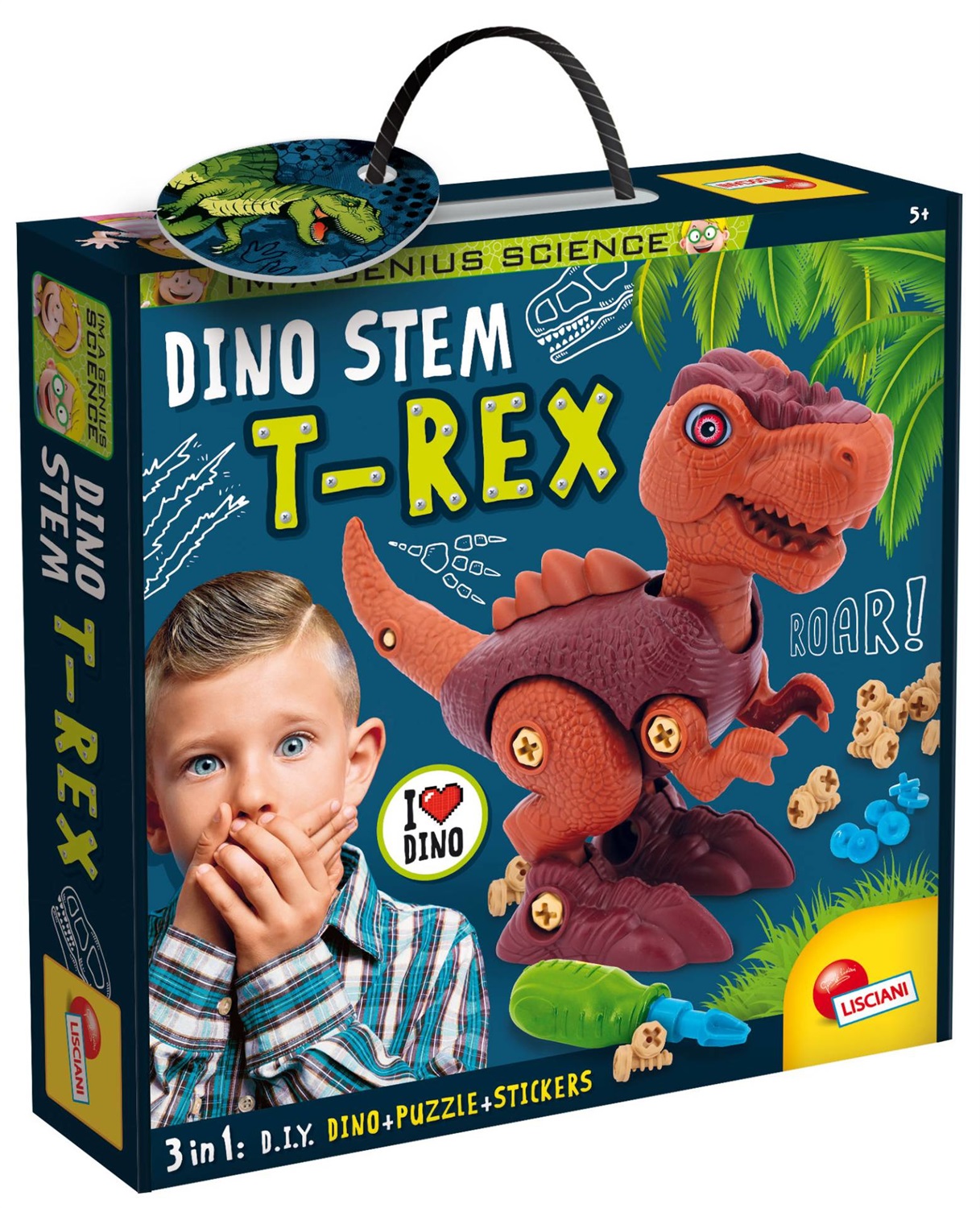 Lisciani I'm A Genius Dino Stem T-Rex - Kit di costruzione con puzzle e stickers, dinosauro mobile
