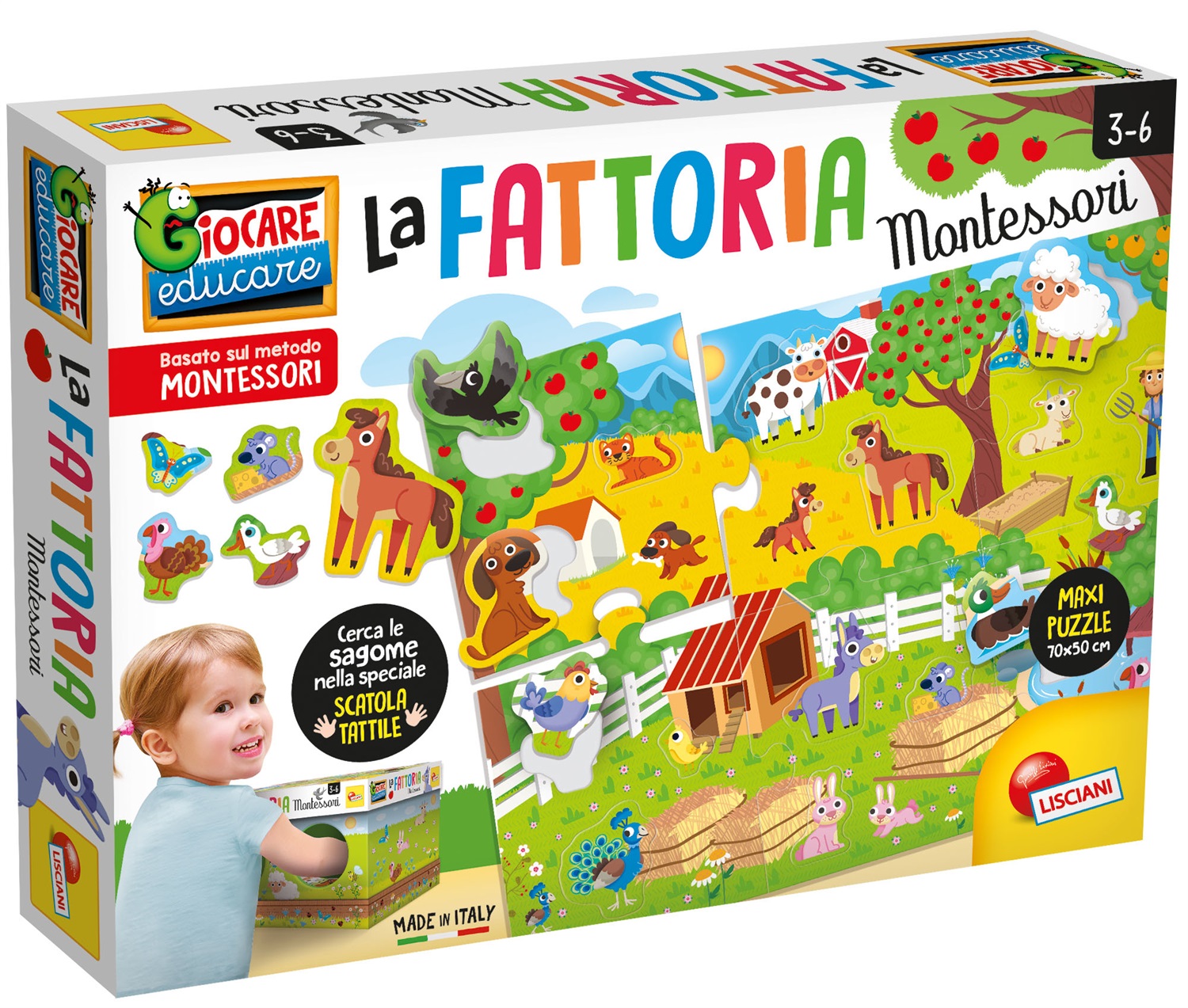 Lisciani Montessori Maxi La Mia Fattoria - Grande puzzle con animali della fattoria, scatola tattile, età 3-6 anni, Made in Italy