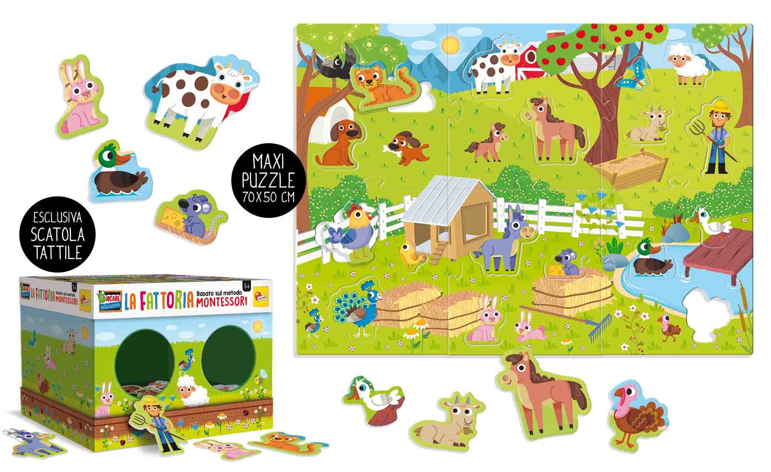Lisciani Montessori Maxi La Mia Fattoria - Grande puzzle con animali della fattoria, scatola tattile, età 3-6 anni, Made in Italy