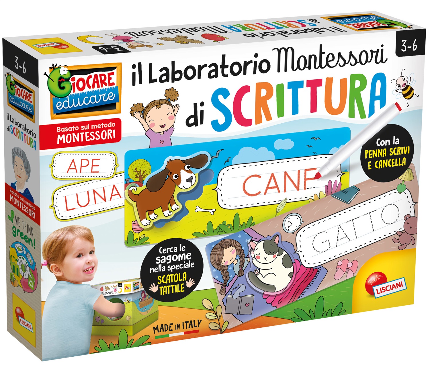Lisciani Laboratorio di Scrittura Montessori Maxi - Pennarello Scrivi e Cancella, Scatola Tattile, Impara a Scrivere Parole, Made in Italy
