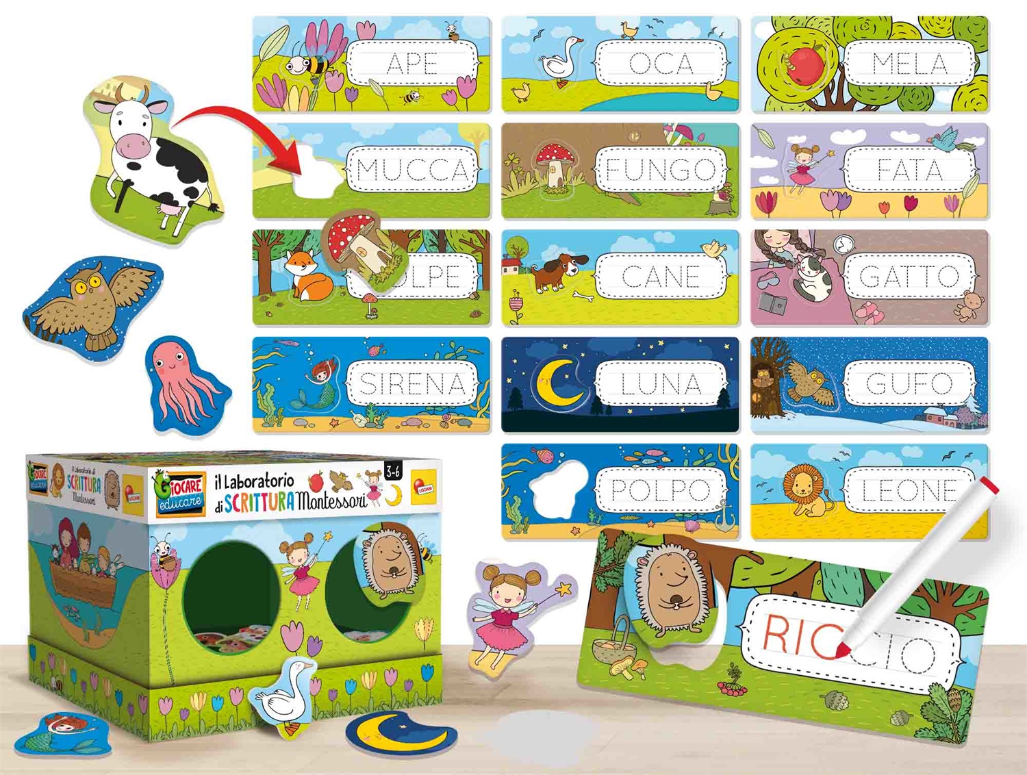 Lisciani Laboratorio di Scrittura Montessori Maxi - Pennarello Scrivi e Cancella, Scatola Tattile, Impara a Scrivere Parole, Made in Italy