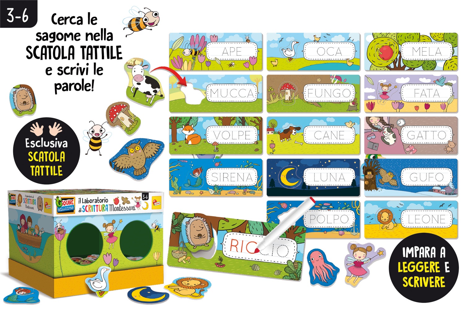 Lisciani Laboratorio di Scrittura Montessori Maxi - Pennarello Scrivi e Cancella, Scatola Tattile, Impara a Scrivere Parole, Made in Italy