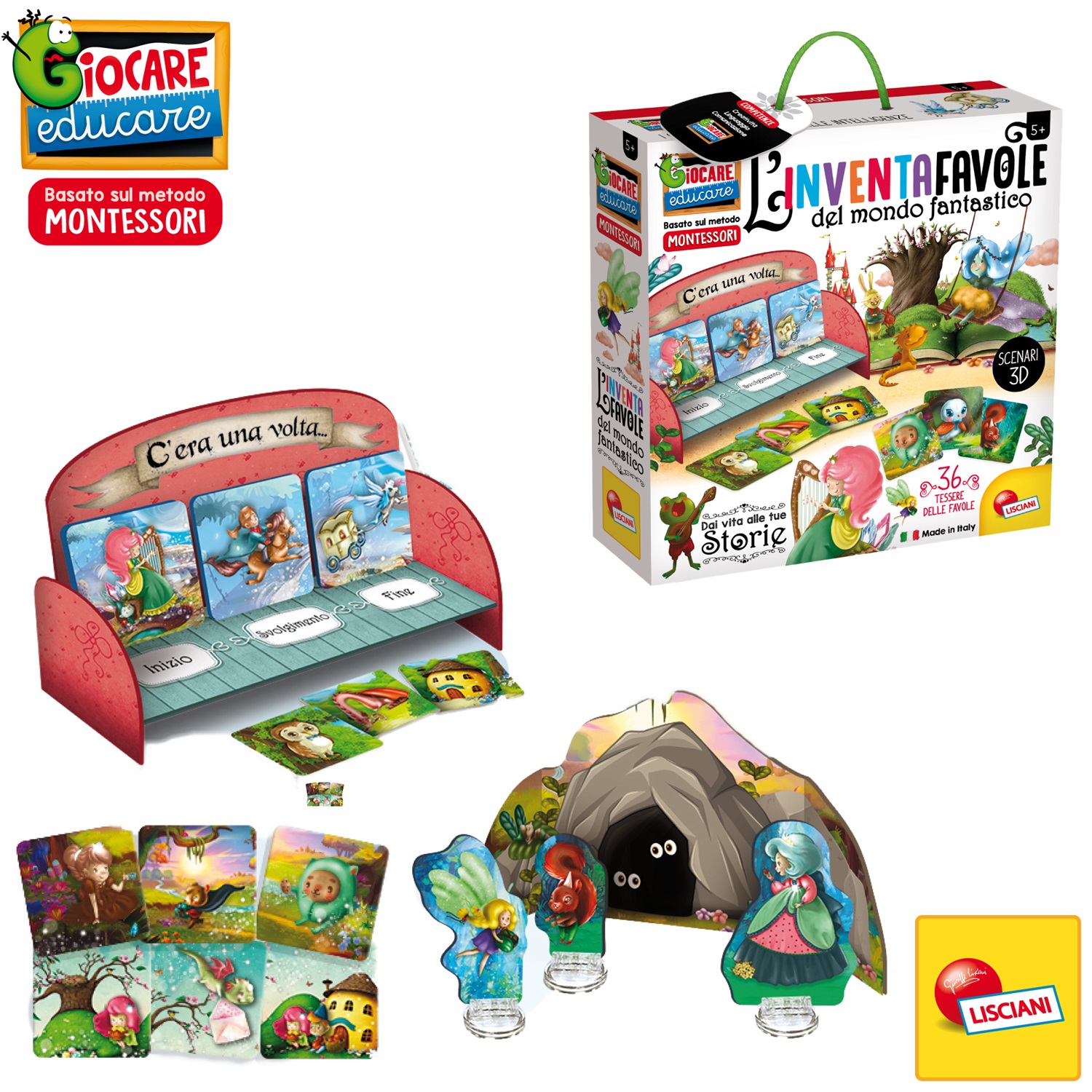 Lisciani Montessori L'Inventafavole Del Mondo Fantastico - Gioco Creativo con Compositoio, 15 Elementi Sagomati e 36 Cards