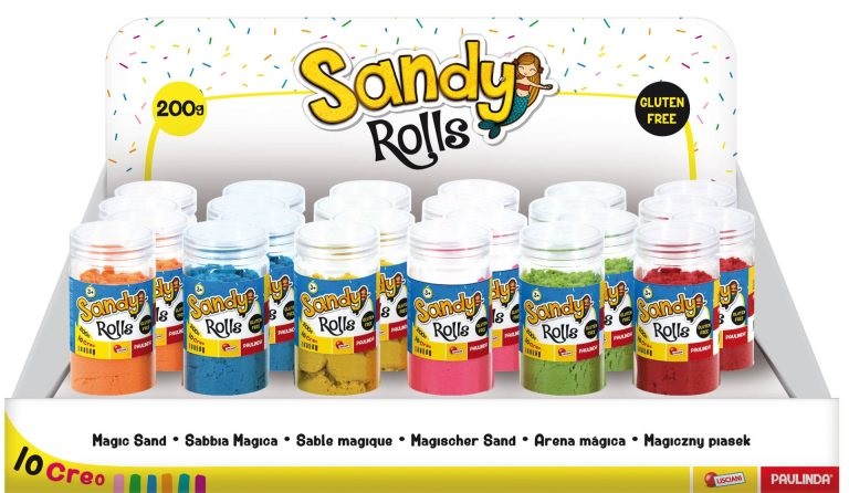 Lisciani Sandy Rolls - Sabbia Magica Colorata 200 g, Gluten Free, Colori Assortiti, Cilindro in Plastica