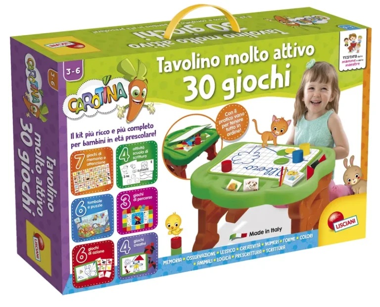 Lisciani Carotina Tavolino Molto Attivo - Kit Prescolare con 30 Giochi Didattici, Tavolino Interattivo con Luci e Suoni, Penna Scrivi e Cancella
