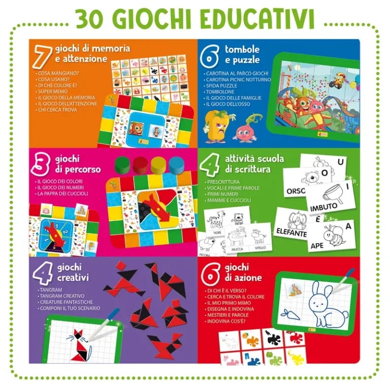 Lisciani Carotina Tavolino Molto Attivo - Kit Prescolare con 30 Giochi Didattici, Tavolino Interattivo con Luci e Suoni, Penna Scrivi e Cancella