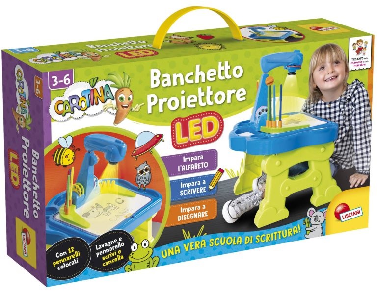 Lisciani Carotina Banchetto Proiettore LED - Gioco Educativo con Tavolo, Proiettore, Lavagna e Pennarelli per Bambini 3-6 Anni