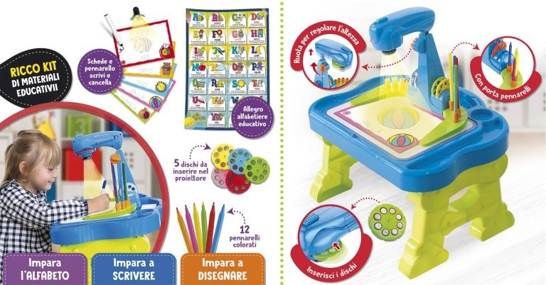 Lisciani Carotina Banchetto Proiettore LED - Gioco Educativo con Tavolo, Proiettore, Lavagna e Pennarelli per Bambini 3-6 Anni
