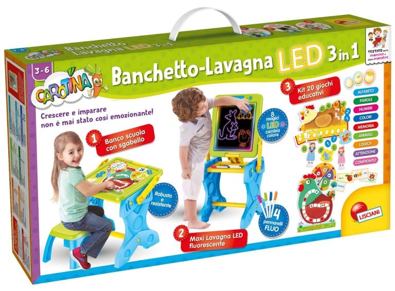 Lisciani Carotina Banchetto LED 3 in 1 - Lavagna Maxi Formato con Sgabello e 20 Giochi Educativi