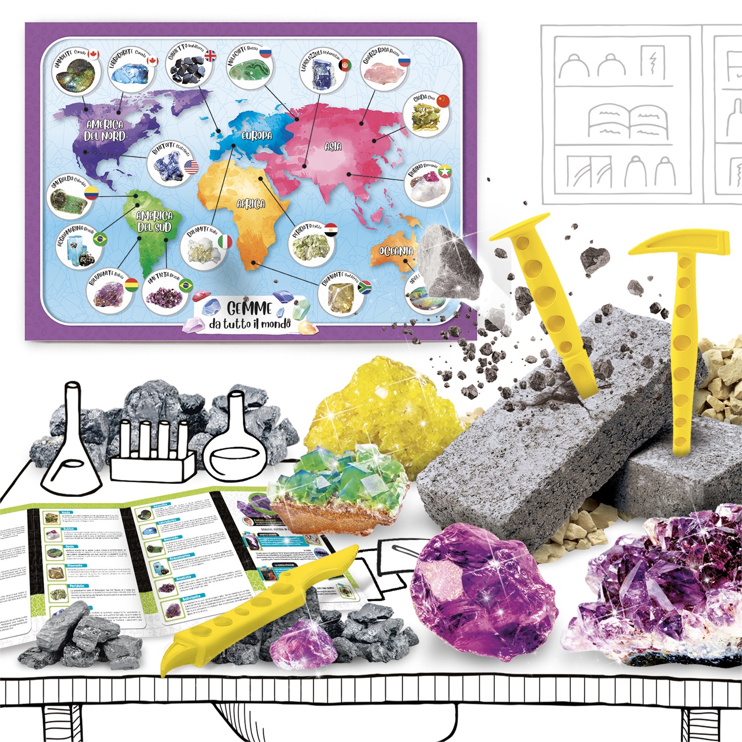 Lisciani I'm A Genius Scienza Pocket Gemme Da Tutto Il Mondo - Kit Scientifico per Scoprire Minerali e Gemme Preziose con Blocco da Scavare, Attrezzi e Poster Didattico