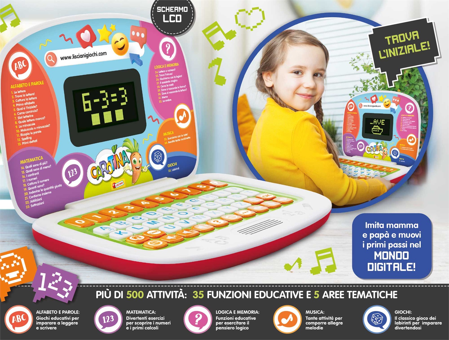 Lisciani Carotina Laptop Educativo - 35 Funzioni Didattiche, Oltre 500 Attività, Età 3-6 Anni