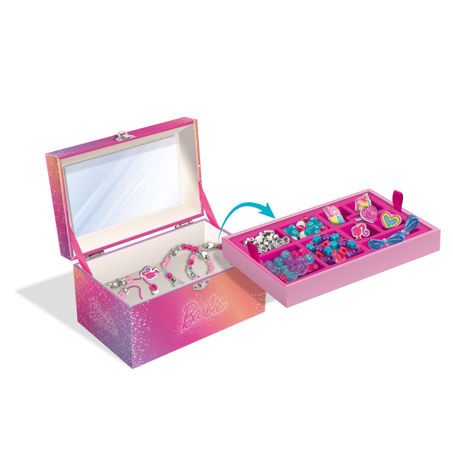 Liscianigiochi Barbie 112036 - Portagioie con Kit Perline, Specchio e Charms Personalizzati