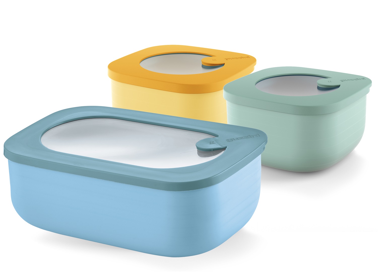 Fratelli Guzzini Store&Plus Set di 3 Contenitori Bassi Multicolor in TPR e PP, Chiusura Ermetica, Impilabili, Adatti per Microonde