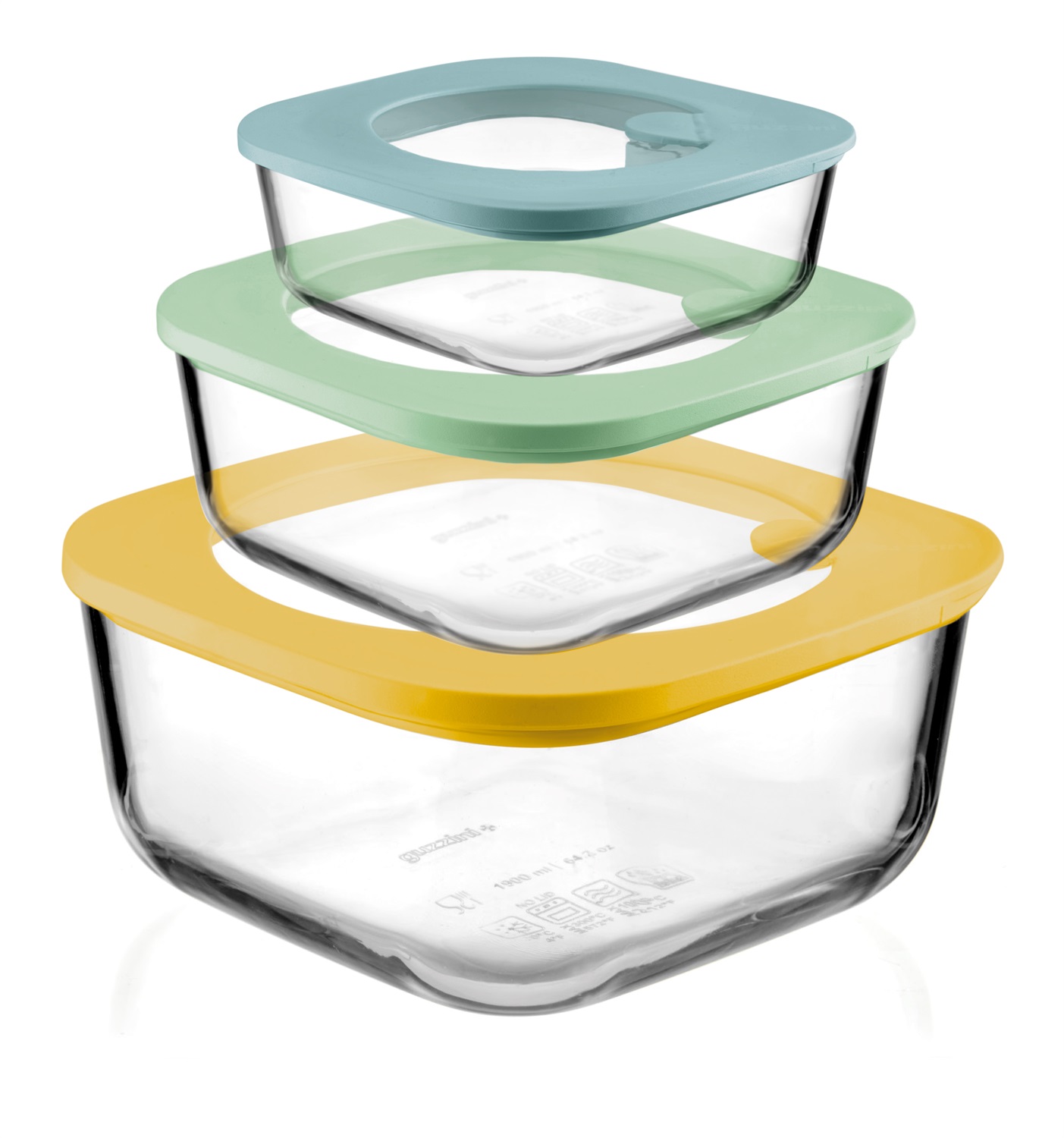 Fratelli Guzzini Set di 3 Contenitori Ermetici Quadrati in Vetro e Polipropilene - Blu, Verde, Trasparente e Giallo